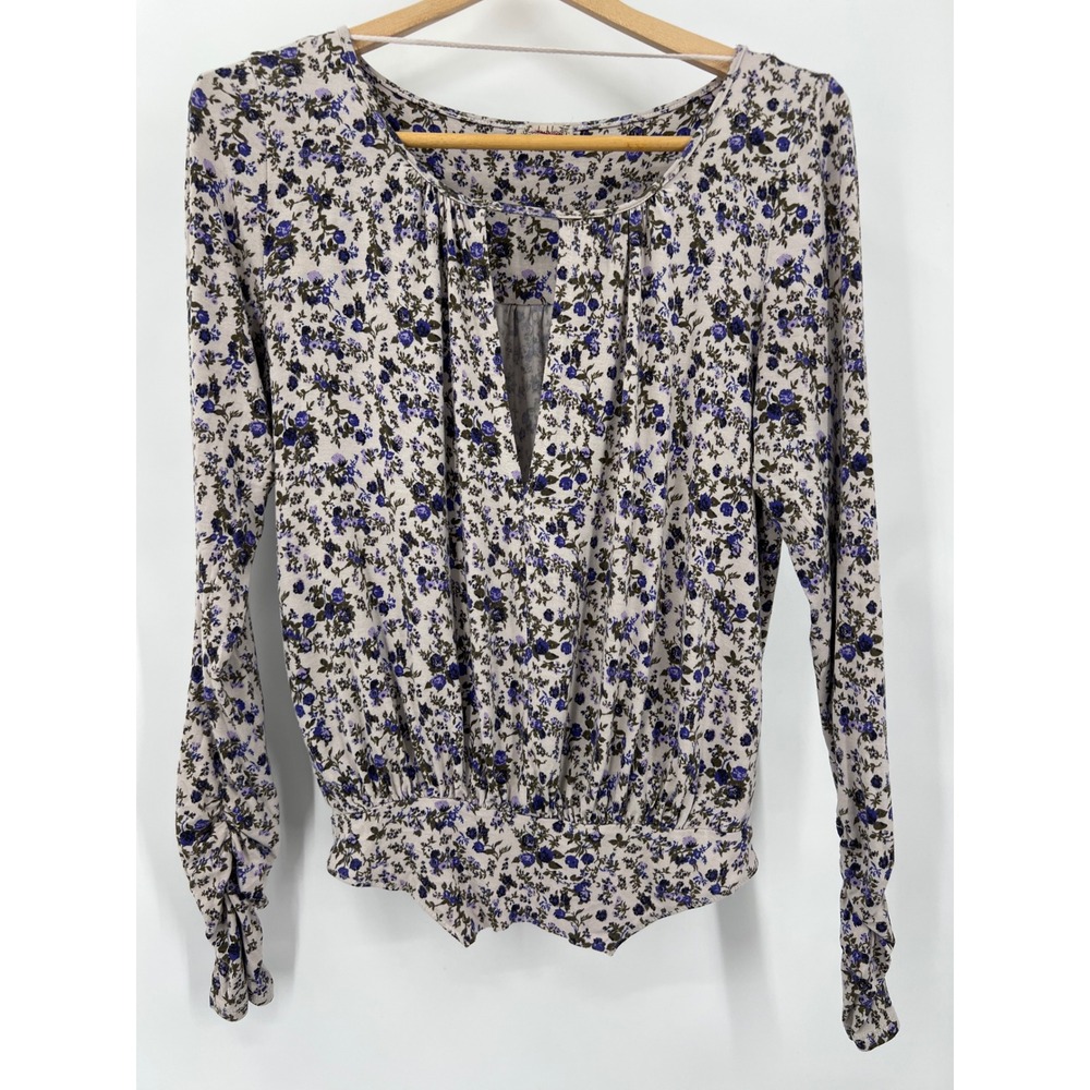 Free People Intimately S Floral Long Sleeve Top Kaya Purple Cream Thrashed Hem